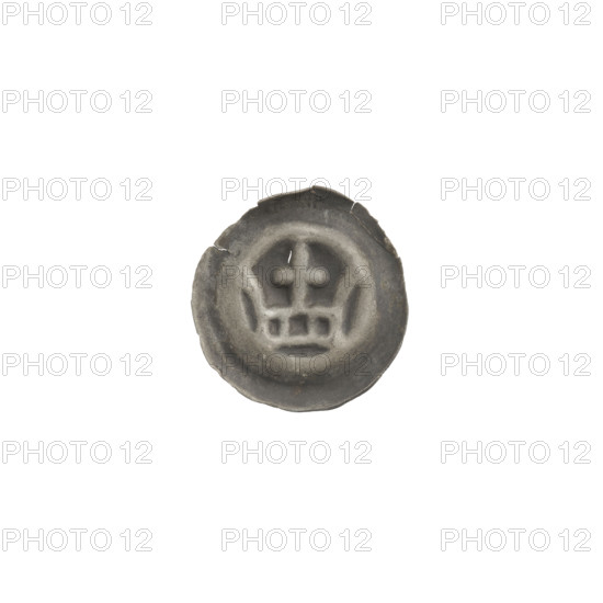 Denarius - bracteate, crown topped with a cross placed between two elongated, outwardly curved arches; iconographic crown II; one-sided coin (bracteate); crosses; Teutonic Knights (Order); ca. 1337/1338–ca. 1345; State of the Teutonic Order (1226–1525); diameter 14.5 mm; weight 0.21 g.