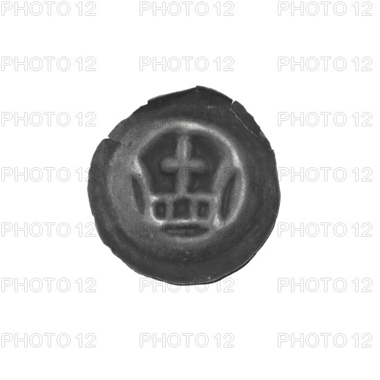 denarius - bracteate, crown II (iconographic), crowns, one-sided coins, crosses, Teutonic Knights (order), Crown topped with a cross placed between two elongated, outwardly curved arches, ca. 1337/1338 - ca. 1345, State of the Teutonic Order (1226-1525), coin (one-sided), diameter 14.5 mm, weight 0.21 g