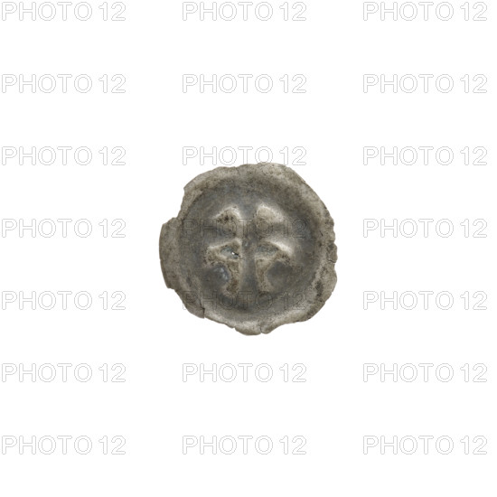 Denarius — bracteate imitation; one-sided coin. Design: Latin cross with a shorter horizontal beam marked below the cross's horizontal arms; symbols on both sides of the cross. Possible 14th century; associated with the Teutonic Knights (Order of the Teutonic Order, 1226–1525). Coin (one-sided). Diameter 14 mm; weight 0.16 g.