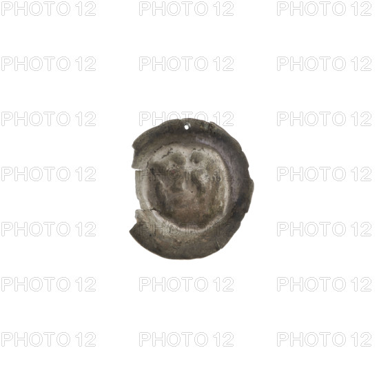 Denarius - bracteate, crown II (iconographic). Maker: Richard, Anthony (1841–1894). AR punches, cracked dies, crowns, worn dies, one-sided coin, crosses, Teutonic Knights (Order). Description: Crown topped with a cross with widening arms placed between elongated arches ending with projections. Date: ca. 1337/1338–ca. 1345. State of the Teutonic Order (1226–1525). Object type: coin (one-sided). Diameter: 14.4 mm. Weight: 0.17 g.