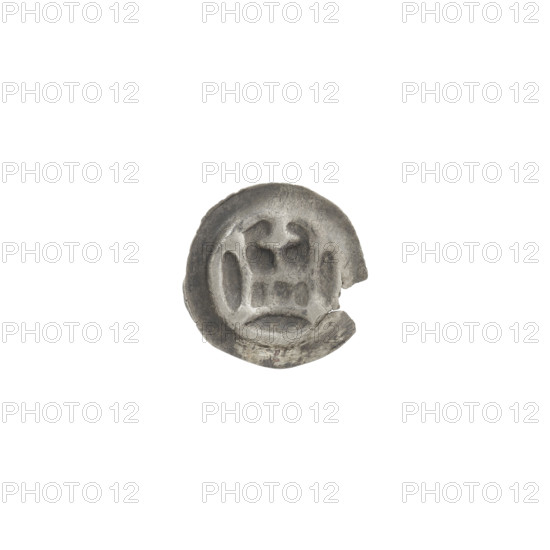 Denarius - bracteate, crown II (iconographic). One-sided coin showing a crown topped with a cross placed between two elongated, outwardly flaring arches. The arches of the crown are topped with balls at the bottom and top. Motifs include crowns, crosses, balls. Associated with the Teutonic Knights (Order). Ca. 1337/1338–ca. 1345. Coin (one-sided). Diameter 13.2 mm; weight 0.21 g.