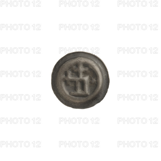 Denarius bracteate, rectangle-D (iconographic), one-sided coin featuring crosses, a six-pointed star, and stars; rectangular letter D with two crosses attached. Associated with the Teutonic Knights (order). Dated ca. 1345–ca. 1353. Coin (one-sided), diameter 14.1 mm, weight 0.25 g. State of the Teutonic Order (1226–1525).