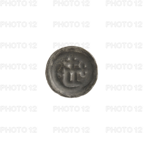 Denarius — bracteate, rectangle-D (iconographic); one-sided coin featuring crosses, a six-pointed star, and stars; associated with the Teutonic Knights (order); rectangular letter D with two crosses attached; dated ca. 1345–ca. 1353; State of the Teutonic Order (1226–1525); coin (one-sided); diameter 14.1 mm; weight 0.25 g.