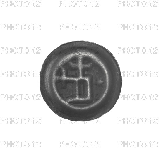 Denarius bracteate, rectangle-D (iconographic). One-sided coin featuring crosses, a six-pointed star, stars, and a rectangular letter D with two crosses attached. Associated with the Teutonic Knights (Order). Date ca. 1345–ca. 1353. Coin (one-sided); diameter 14.1 mm; weight 0.25 g.