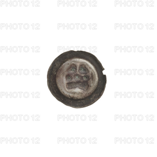 Denarius - bracteate, gate topped with three pillars topped with balls; a cross under the gate vault. Iconography: gates, one-sided coin, crosses, balls, Teutonic Knights (Order). Maker/attribution: Potocki-Pilawa; Potocki, Andrzej Kazimierz (1861–1908) noted. Date: ca. 1327/1328–ca. 1337/1338, State of the Teutonic Order (1226–1525). Medium/format: coin (one-sided). Diameter: 14.6 mm. Weight: 0.26 g.