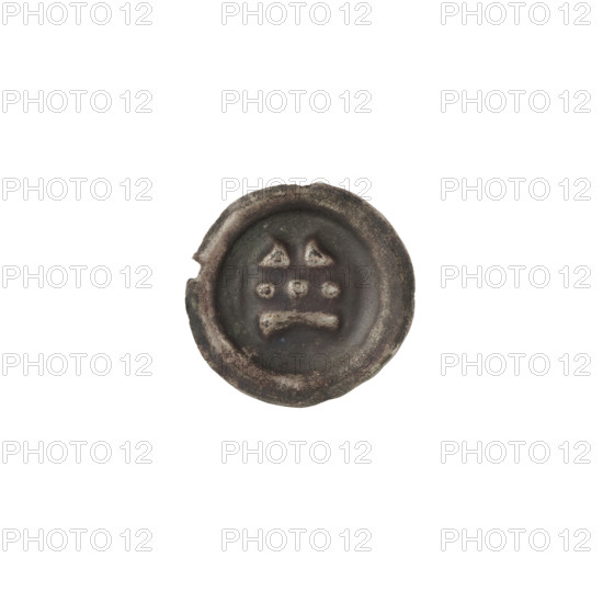 Denarius - bracteate, gate topped with three pillars topped with balls; a cross under the gate vault. Iconography: gates, one-sided coin, crosses, balls, Teutonic Knights (Order). Ca. 1327/1328–ca. 1337/1338. Coin (one-sided); diameter 14.6 mm; weight 0.26 g.