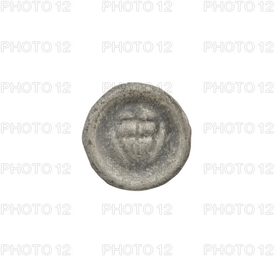 denarius - bracteate; triangular shield with a cross with arms reaching its edge; shields; one-sided coin; Teutonic Knights (order); illegible mark above the shield; ca. 1307/1308–ca. 1317/1318; coin (one-sided); diameter 15.0–15.1 mm; weight 0.25 g WQXBCFS