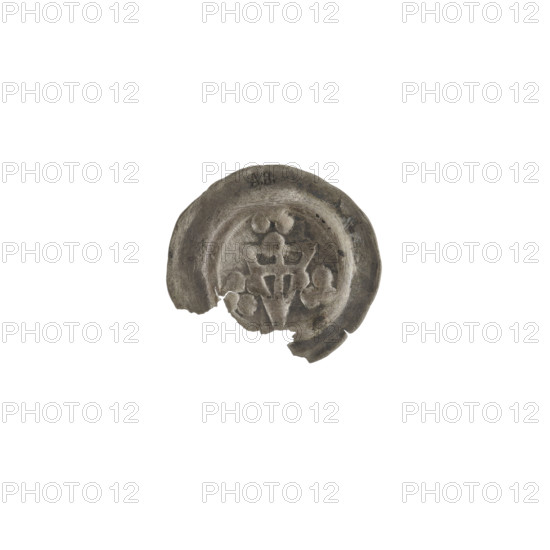 denarius - bracteate, shield with cross I (iconographic), AR marks, shields, triangular shield (iconographic), balls, one-sided coins, Teutonic Knights (order), Triangular shield with a cross with arms reaching its edge. On the shield, on the extension of the cross's arms, one ball. On both sides of the shield and above it, three balls, ca. 1307/1308 - ca. 1317/1318, State of the Teutonic Order (1226-1525), coin (one-sided), diameter 14.7 mm, diameter 14.9 mm, weight 0.19 g