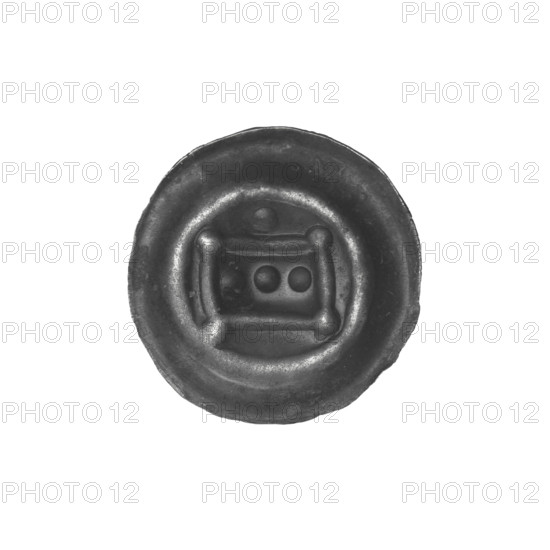 Denarius - bracteate, rectangle I (iconographic), one-sided coin, rectangle with three spheres inside and one at each corner; additional sphere beside the rectangle. Teutonic Knights (Order). Ca. 1297/1298–ca. 1307/1308. Coin (one-sided). Diameter 15 mm, weight 0.23 g.