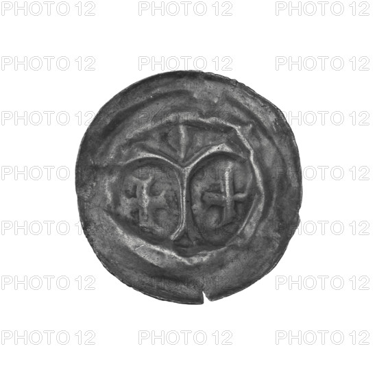 Denarius (bracteate). One-sided coin showing a forked column topped with a sphere and two arches at the base; on each side of the column an equal-armed cross; arcades, columns, crosses, spheres. Teutonic Knights (Order). ca. 1267/1268–ca. 1277/1278. Coin (one-sided). Diameter 17.3 mm; weight 0.19 g.