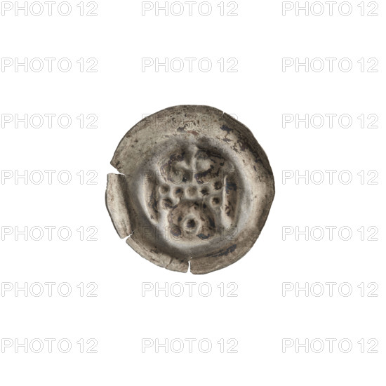 Denarius bracteate imitation: gate topped with a trefoil, seven round holes in the wall, one sphere at each corner; under the arched vault of the gate a ring. One-sided coin (bracteate), 13th century, State of the Teutonic Order (1226–1525). Diameter 17 mm, weight 0.21 g.