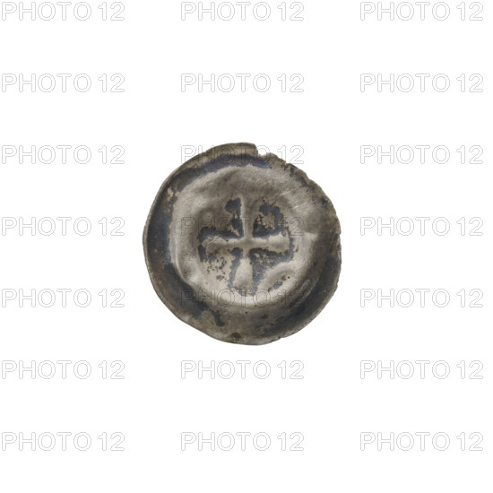 Denarius (bracteate) with isosceles cross with widening arms; in one angle between the arms a six-pointed star, in the opposite angle a crescent (moon and stars). One-sided coin; 2nd half of the 13th century; State of the Teutonic Order (1226–1525). Diameter 16 mm, weight 0.29 g.