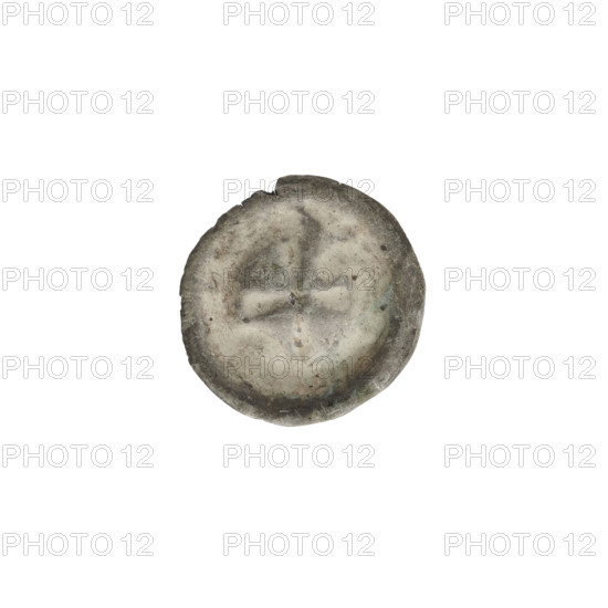 Denarius bracteate, one-sided coin featuring an isosceles cross with widening arms; in one angle between arms a six-pointed star, in the opposite angle a crescent moon; additional stars and moons. Associated with the Teutonic Knights (Order). 2nd half of the 13th century. Diameter 16 mm, weight 0.29 g.
