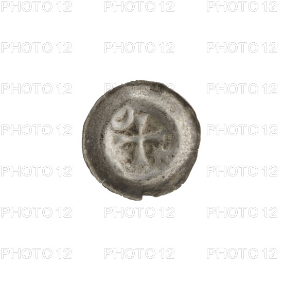 Denarius - bracteate; isosceles cross with widening arms; in one angle between its arms a six-pointed star, in the opposite angle a crescent; moon and star motifs; one-sided coin; 2nd half of the 13th century; State of the Teutonic Order (1226–1525); diameter 16.3 mm; weight 0.24 g; maker: Richard Antoni (1841–1894) ; AR mark.