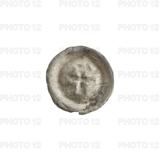 Denarius - bracteate; isosceles cross with widening arms; in one angle between its arms a six-pointed star, in the opposite angle a crescent; moon and star motifs; one-sided coin; 2nd half of the 13th century; State of the Teutonic Order (1226–1525); maker Richard Antoni (1841–1894) noted; AR mark; diameter 16.3 mm; weight 0.24 g.