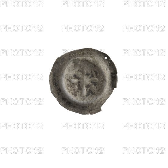 Denarius bracteate with cross, moon and star iconography; maker: Antoni Richard (1841–1894) [likely engraver/recutter]; AR mark; isosceles cross with widening arms—one angle contains a ball, the opposite a crescent and a dot; stars; one-sided coin (bracteate); 2nd half of the 13th century; State of the Teutonic Order (1226–1525); diameter 15.7 mm; weight 0.18 g.