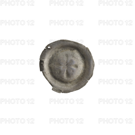 Denarius bracteate with cross, moon and star iconography; maker: Antoni Richard (1841–1894). Features: AR mark, isosceles cross with widening arms; in one angle a ball, in the opposite angle a crescent and a dot; stars, moons. One-sided coin, 2nd half of the 13th century; State of the Teutonic Order (1226–1525). Diameter 15.7 mm, weight 0.18 g.