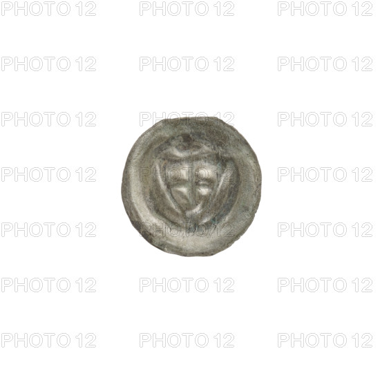 Denarius - bracteate; one-sided coin featuring a triangular shield bearing a cross with arms reaching the edge; above the shield a trefoil-shaped cross; additional shields; iconographic motifs: shield with cross I, shields, triangular shield, trefoil; attributed to the Teutonic Knights (Order); dated ca. 1307/1308–ca. 1317/1318; coin (one-sided); diameter 14.6 mm; weight 0.18 g.