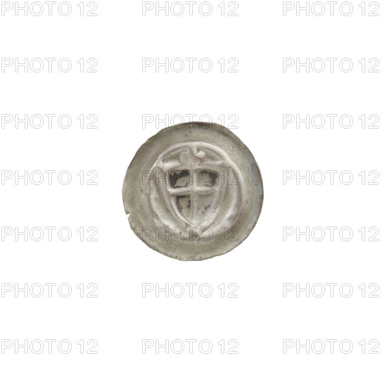 Denarius - bracteate; one-sided coin (diameter 14 mm, weight 0.16 g). Triangular shield with a cross whose arms reach the edge; above it a trefoil. Additional shields. Iconography: shield with a cross, shields, trefoil, triangular shield. Maker/issuer: Teutonic Knights (State of the Teutonic Order), ca. 1307/1308–ca. 1317/1318.