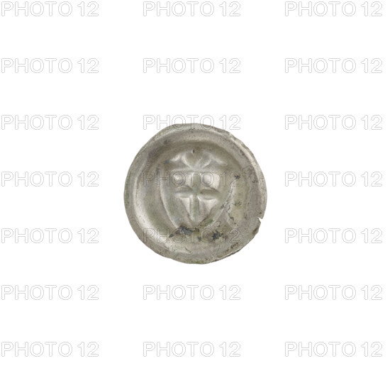 Denarius - bracteate; one-sided coin. Obverse: triangular shield with a cross whose arms reach the edge; above it a trefoil; additional shields and trefoil motifs. Iconography: shield with a cross, trefoil, triangular shield. Associated with the Teutonic Knights (order). Date: ca. 1307/1308–ca. 1317/1318. Material/Type: coin (bracteate). Diameter: 14 mm. Weight: 0.16 g.