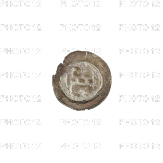Denarius-bracteate, Gate II (iconographic). Depicts a gate topped with three pillars each capped by balls; a cross under the gate vault. Worn dies, one-sided coin. Teutonic Knights (Order). ca. 1327/1328–ca. 1337/1338. Coin (one-sided). Diameter 14.5 mm; weight 0.18 g.
