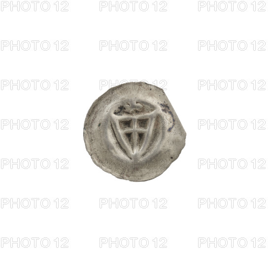 denarius - bracteate, triangular shield with a cross with arms reaching its edge; above the shield, a trefoil-shaped cross; shields; trefoil (iconographic); one-sided coin; Teutonic Knights (order); ca. 1307/1308–ca. 1317/1318; State of the Teutonic Order (1226–1525); coin (one-sided); diameter 14.7 mm; weight 0.20 g