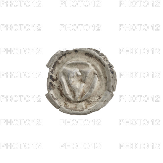 Denarius (bracteate), one-sided coin; triangular shield with a six-pointed star and additional shields and stars; iconographic elements include shield with a star I, shields, stars, six-pointed star; associated with the Teutonic Knights (Order), State of the Teutonic Order (1226–1525); 4th quarter of the 13th century; diameter 17.5 mm; weight 0.19 g.