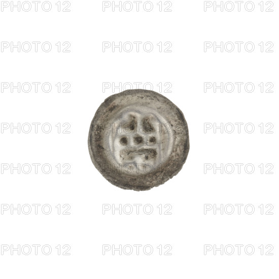 Denarius (bracteate), Gate II (iconographic). One-sided coin showing a gate topped with three pillars capped by spheres; under the gate vault, a cross with crossbars at the ends of the arms. Teutonic Knights (Order). ca. 1327/1328–ca. 1337/1338. Coin (one-sided); diameter 14.4 mm; weight 0.23 g.