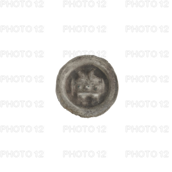 Denarius, bracteate (one-sided coin). Motif: Gate II (iconographic) — gate topped with three pillars each surmounted by spheres; under the gate vault, a cross with crossbars at the ends of the arms. Crosses and spheres motifs. Teutonic Knights (Order). Date: ca. 1327/1328–ca. 1337/1338. State of the Teutonic Order (1226–1525). Coin (one-sided). Diameter 14.4 mm; weight 0.23 g.