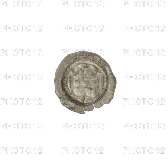 Denarius bracteate, Gate II (iconographic). One-sided coin depicting a gate topped with pillars topped with balls; under the gate vault, a cross with crossbars at the ends of the arms. Teutonic Knights (Order). ca. 1327/1328–ca. 1337/1338. State of the Teutonic Order (1226–1525). Coin (one-sided). Diameter 14.6 mm; weight 0.19 g.