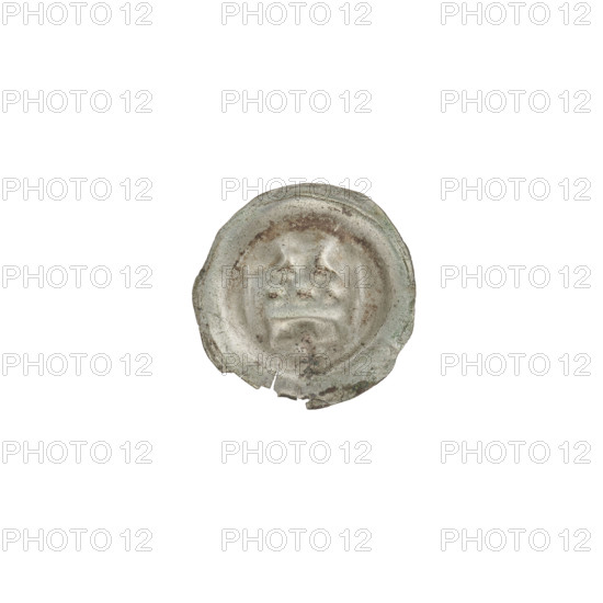 Denarius - bracteate, Gate II (iconographic). One-sided coin showing a gate topped with pillars and balls; under the gate vault a cross with crossbars at the ends of the arms. Ca. 1327/1328–ca. 1337/1338. State of the Teutonic Order (1226–1525). Coin (one-sided). Diameter 14.6 mm; weight 0.19 g.