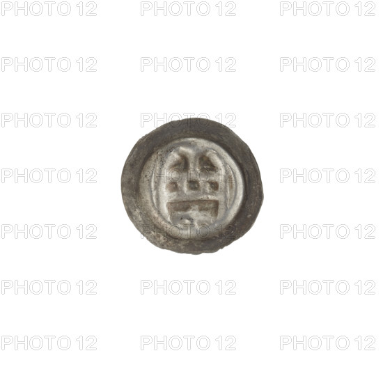 denarius - bracteate, one-sided coin; Gate topped with three pillars topped with balls. Under the gate vault, a cross with crossbars at the ends of the arms. Teutonic Knights (Order). ca. 1327/1328–ca. 1337/1338. State of the Teutonic Order (1226–1525). Diameter 14.5 mm, weight 0.24 g.