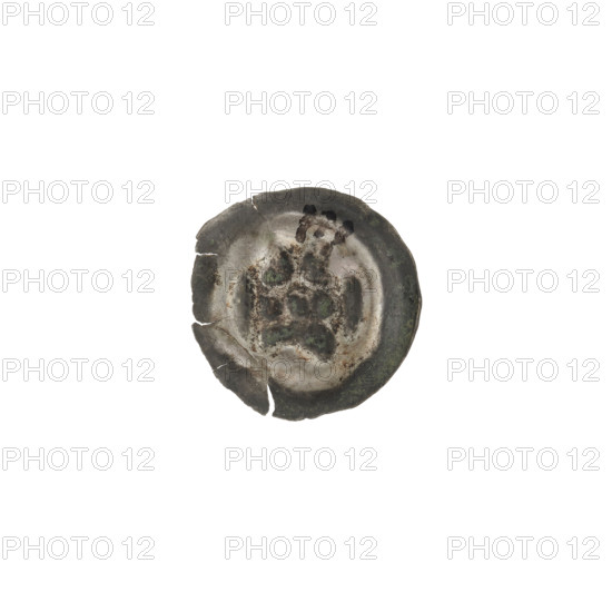 Denarius — bracteate; obverse: gate topped with three pillars each topped with balls, illegible sign under the gate vault; associated inscription: Teutonic Knights (Order); date ca. 1327/1328–ca. 1337/1338; one-sided coin; diameter 15.3 mm; weight 0.22 g.