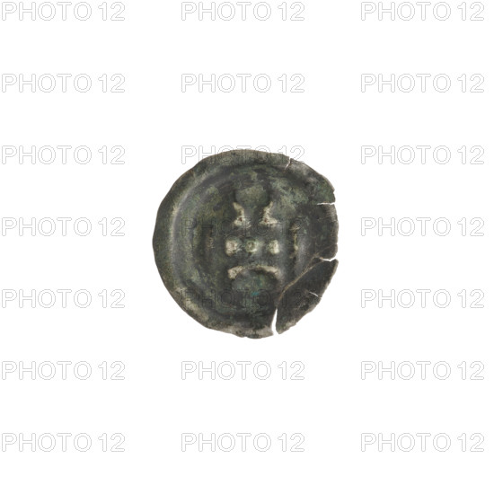 Denarius - bracteate, gate topped with three pillars topped with balls; illegible sign under the gate vault; motifs include gates and balls, Teutonic Knights (Order). Date ca. 1327/1328–ca. 1337/1338; State of the Teutonic Order (1226–1525). One-sided coin (bracteate), diameter 15.3 mm, weight 0.22 g.