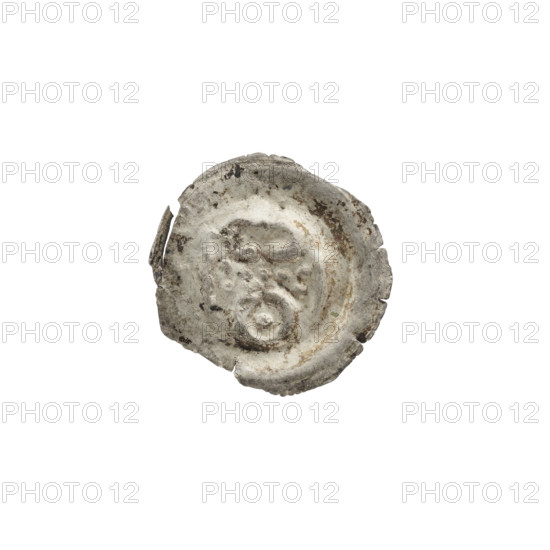 Denarius — bracteate imitation. Gate topped with a trefoil, seven round holes in the wall; one sphere at each corner. One-sided coin (bracteate), ring depicted at bottom under the arched vault of the gate. Inscription/association: Teutonic Knights (Order); State of the Teutonic Order (1226–1525). 13th century. Coin (one-sided). Diameter 17.2 mm; weight 0.17 g.