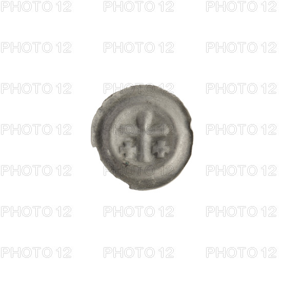 Denarius - bracteate; one-sided coin featuring a Latin cross with slightly widening arm tips, flanked on each side of its longer arm by an isosceles cross. Iconography: Latin cross (iconographic), isosceles cross (iconographic), crosses. Issuer: State of the Teutonic Order (1226–1525), associated with the Teutonic Knights (order). Date: ca. 1317/1318–ca. 1327/1328. Medium/function: coin (one-sided). Diameter: 14.5 mm. Weight: 0.19 g.