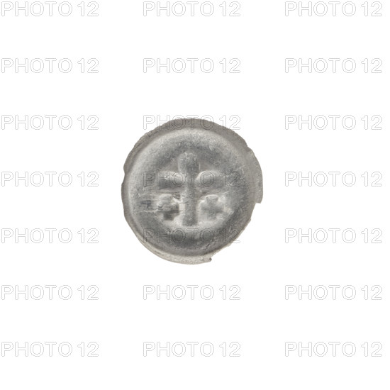 Denarius - bracteate; one-sided coin (bracteate) depicting a Latin cross with slightly widening arm tips, flanked on each side of its longer arm by an isosceles cross; iconography: Latin cross, isosceles cross; Teutonic Knights (order); ca. 1317/1318–ca. 1327/1328; State of the Teutonic Order (1226–1525); coin; diameter 14.5 mm; weight 0.19 g