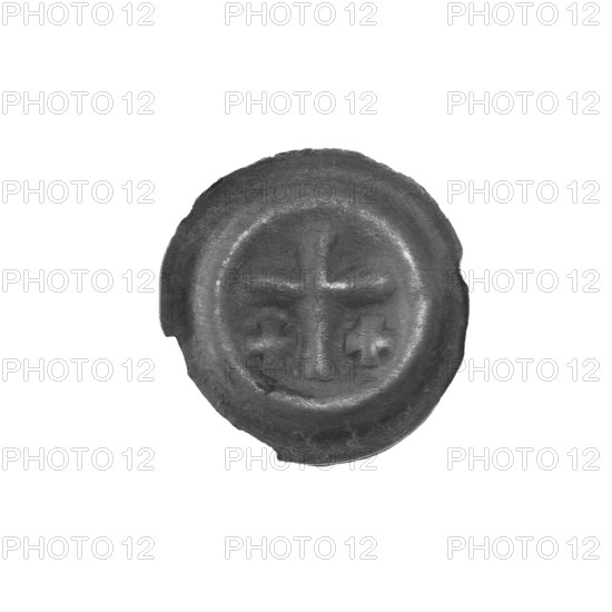 Denarius bracteate; one-sided coin featuring a Latin cross with slightly widening arm tips, with an isosceles cross on each side of its longer arm; iconography: Latin cross, isosceles cross; associated with the Teutonic Knights (Order), State of the Teutonic Order (1226–1525); ca. 1317/1318–ca. 1327/1328; coin (one-sided); diameter 14.5 mm; weight 0.19 g.