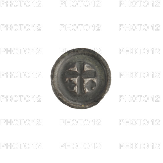 Denarius - barkteat; Latin cross (iconographic); one-sided coin; equal-armed crosses (iconographic); Teutonic Knights (order). Inscription/reference: Potocki, Andrzej Kazimierz (1861–1908). Latin cross with slightly widening arm ends; on each side of its longer arm, one equal-armed cross. Date: ca. 1317/1318–ca. 1327/1328. State of the Teutonic Order (1226–1525). Coin (one-sided). Diameter 14.5 mm; weight 0.22 g.