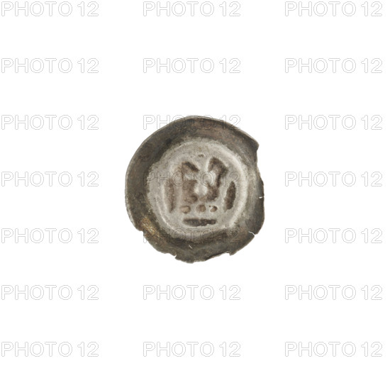Denarius - bracteate, crown II (iconographic); one-sided coin with crowns, crosses, balls; Teutonic Knights (Order). Crown topped with a cross with widening arms placed between two elongated, outwardly flaring bows. ca. 1337/1338–ca. 1345. State of the Teutonic Order (1226–1525). Coin (one-sided). Diameter 14.7 mm; weight 0.21 g.