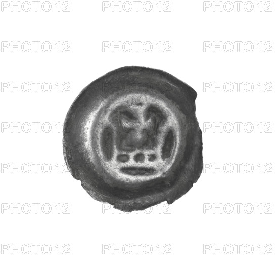 Denarius - bracteate, crown II (iconographic); crowns; one-sided coin; crosses; balls; Teutonic Knights (Order); crown topped with a cross with widening arms placed between two elongated, outwardly flaring bows; ca. 1337/1338–ca. 1345; coin (one-sided); diameter 14.7 mm; weight 0.21 g