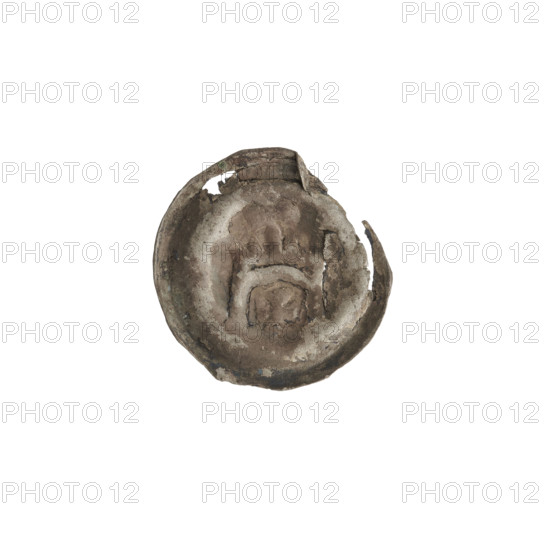 Denarius - bracteate, gate I (iconographic). Maker: Richard, Antoni (1841–1894). AR punches, gates, crosses, isosceles cross (iconographic), one-sided coin, spheres, Teutonic Knights (order). Gate topped with a cross leaning towards the left with a sphere at the end of its arms. At the corners of the gate, pillars topped with spheres. Under the arched vault, an isosceles cross with widening arms. Date: ca. 1257/1258–ca. 1267/1268. State of the Teutonic Order (1226–1525). Coin (one-sided). Diameter: 17.1 mm. Weight: 0.18 g.