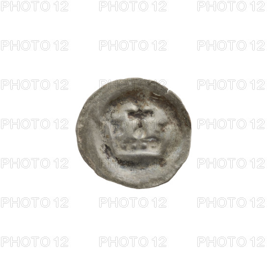 Denarius - bracteate; crown I (iconographic); crowns; one-sided coin; crosses; Teutonic Knights (order). Crown composed of a hoop with quadrangular openings and two arches with projections. Between the arches, a cross adjoining the hoop on a spherical base with widening arm ends. Date ca. 1287/1288–ca. 1297/1298. State of the Teutonic Order (1226–1525). Coin (one-sided). Diameter 16.6 mm; weight 0.27 g.