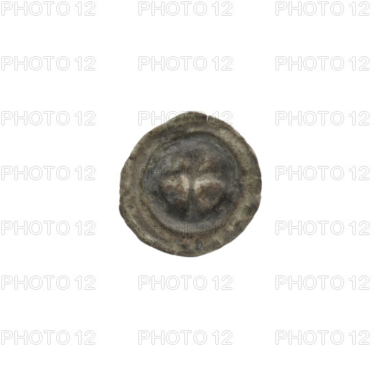 Denarius (bracteate), one-sided coin, ca. 1317/1318–ca. 1327/1328. Obverse: Latin cross with slightly widening arm tips, with an equal-armed cross on both sides of its longer arm; cross slightly diagonal to the right. Iconography: Latin cross, equal-armed crosses. Associated with the Teutonic Knights (State of the Teutonic Order, 1226–1525). Diameter: 15.0–15.1 mm. Weight: 0.19 g.