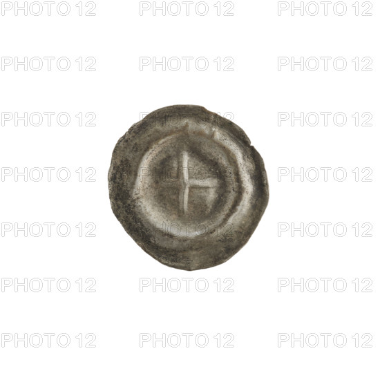 Denarius bracteate with equal-armed cross, one-sided coin; illegible signs between its arms in opposite corners; 2nd half of the 13th century; State of the Teutonic Order (1226–1525); coin (one-sided); diameter 17 mm; weight 0.21 g