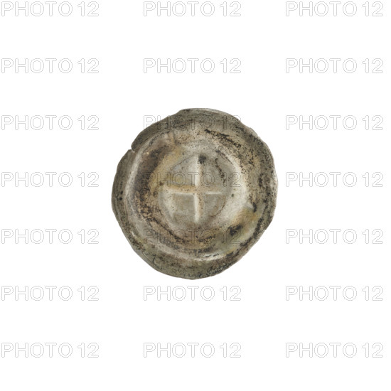 Denarius bracteate with equal-armed cross; one-sided coin showing a cross with illegible signs between its arms and in opposite corners. 2nd half of the 13th century. State of the Teutonic Order (1226–1525). Coin (one-sided). Diameter 17 mm, weight 0.21 g.