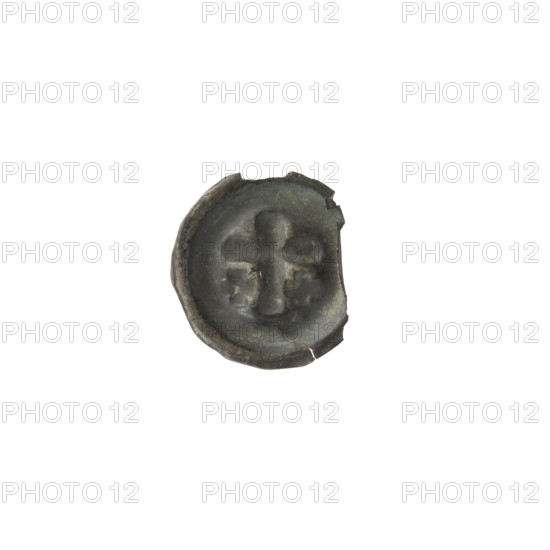 Denarius bracteate coin, one-sided; imagery: Latin cross with slightly widening arm ends, with an equal-armed cross on each side of its longer arm; iconography includes Latin cross and equal-armed crosses. Associated with the Teutonic Knights (State of the Teutonic Order, 1226–1525). Date ca. 1317/1318–ca. 1327/1328. Diameter 14.2 mm; weight 0.22 g.