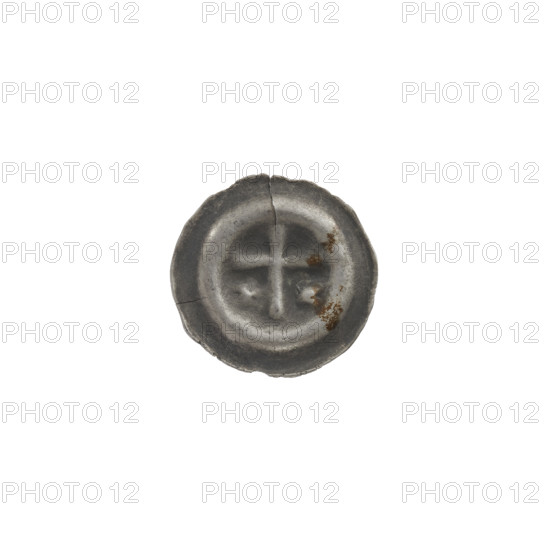 Denarius — bracteate; one-sided coin featuring a Latin cross with on each side of its longer arm one diagonal equal-armed cross; iconography includes equal-armed crosses and Latin cross; associated with the Teutonic Knights (Order), State of the Teutonic Order (1226–1525); dated ca. 1317/1318–ca. 1327/1328; diameter 14.6 mm; weight 0.22 g.