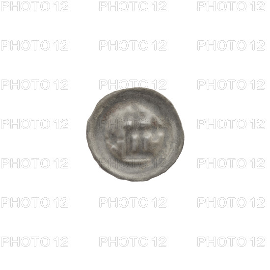 Denarius bracteate, rectangle-D (iconographic), Nerwinski, deposits, one-sided coin with two crosses (iconographic), stars, six-pointed star (iconographic), Teutonic Knights (order), rectangular letter D with two crosses attached; ca. 1345–ca. 1353; State of the Teutonic Order (1226–1525); coin (one-sided); diameter 14 mm; weight 0.23 g.