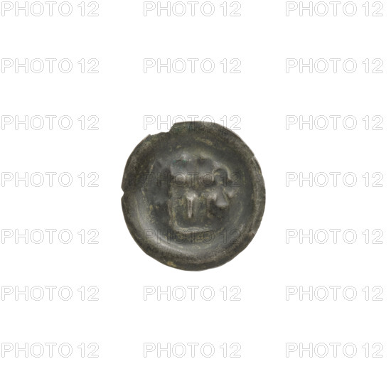Denarius bracteate, rectangle-D (iconographic); rectangular letter D with two attached crosses; one-sided coin featuring two crosses and stars including a six-pointed star; Teutonic Knights (order); ca. 1345–ca. 1353; State of the Teutonic Order (1226–1525); coin (one-sided); diameter 15 mm; weight 0.19 g.